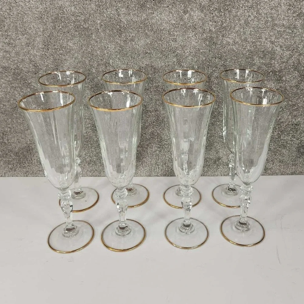 Champagne Flutes Clear Gold Rim Optic Ribbed Set of 8